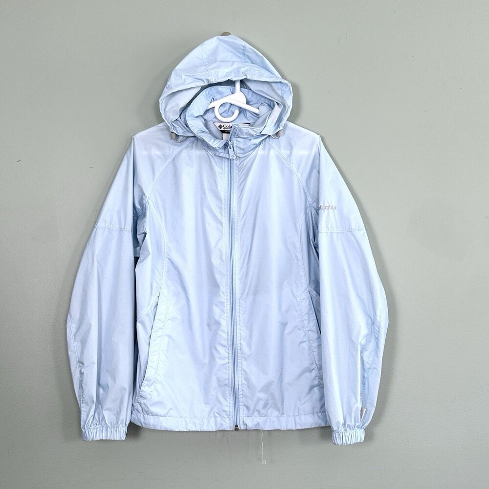 Columbia Hooded Windbreaker Jacket Womens Medium Blue Lightweight Packable Rain